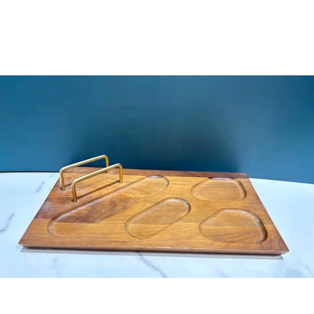 Vintage Mid Century Modern Wood Valet Tray Brass Rail Jewelry Catchall Organizer
